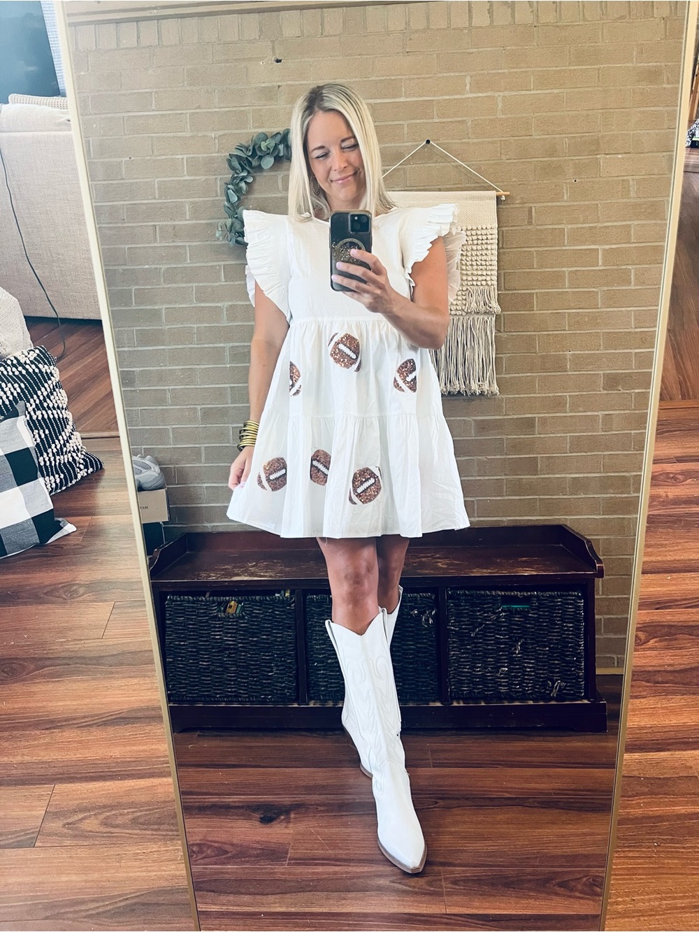 Peach Love California White Ruffle Sleeve Mini Dress with Football Appliqués